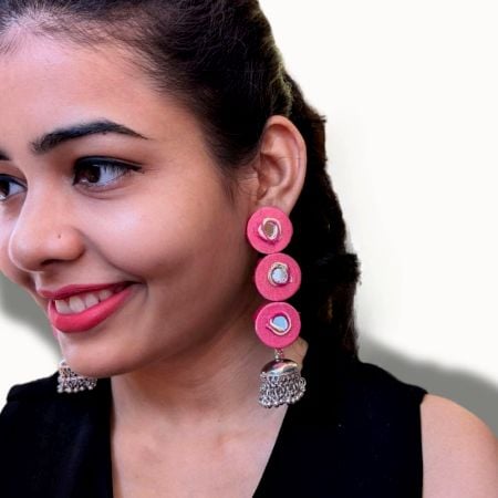 Three Drops Pink Mirror Fabric Long Earrings